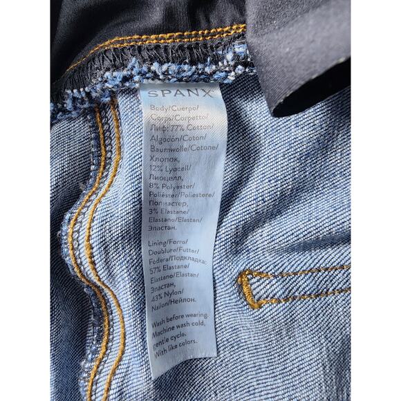 SPANX Blue Distressed Pull On Ankle Skinny Jeans Raw Fray Hem SZ XL - Picture 10 of 10